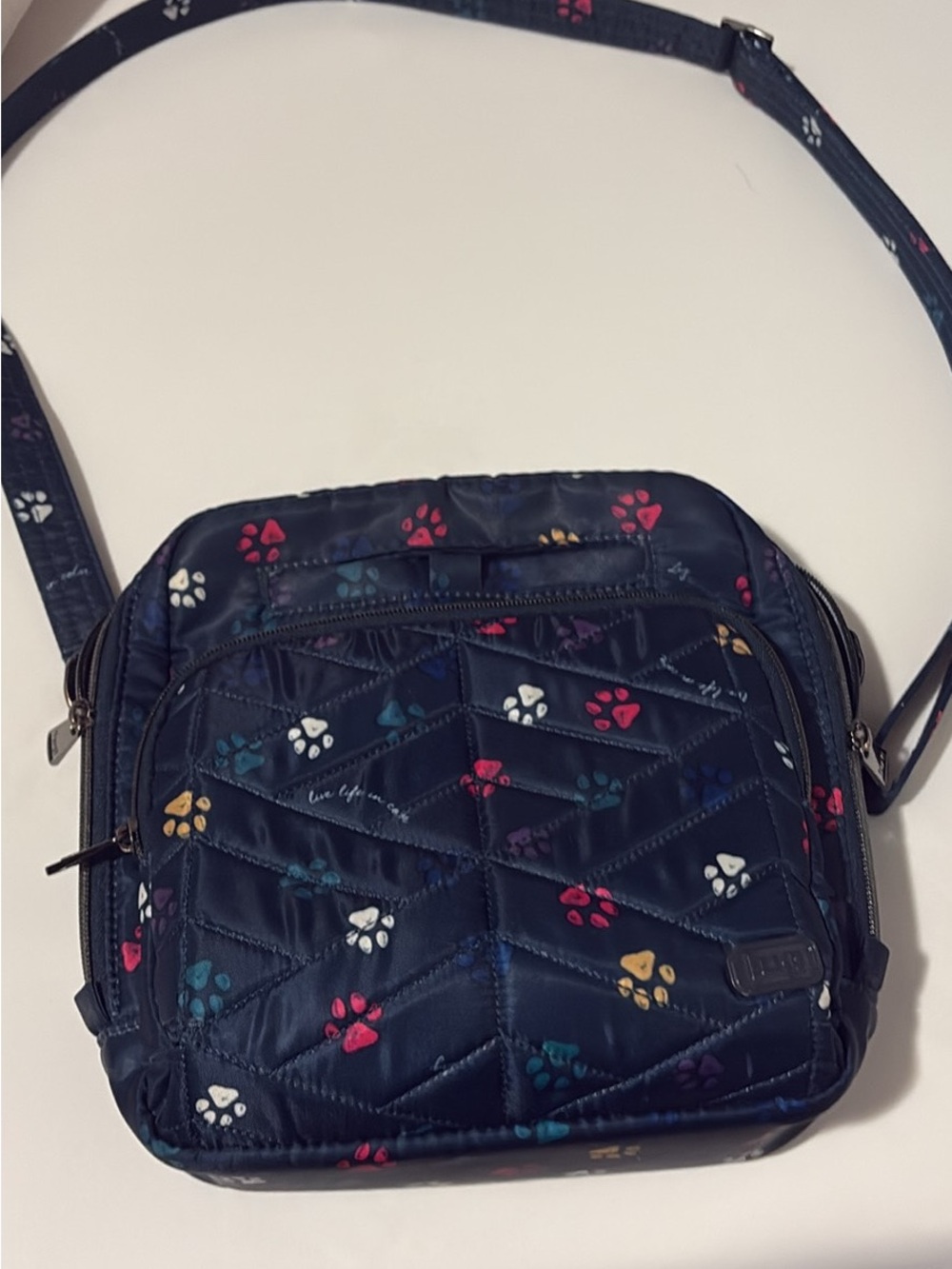 lug Navy Quilted Crossbody with Multicolor Paw Prints